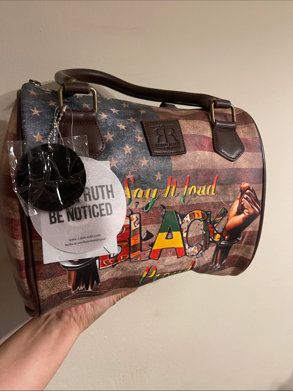 Robin Ruth Brown Patriotic Graphic Barrel Bag